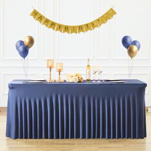 8ft Navy Blue Spandex Table Cloths for Rectangle Tables Wrinkle Free Rectangle Tablecloths, Stretch Fitted Table Cover with Skirt for Birthday Party Wedding Banquet Baby Shower Buffet Event