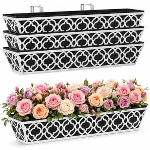 4 Pack 30 Inch Railing Planter Boxes with Adjustable Brackets & Non-Woven Liner, Deck Window Hanging Flower Box for Balcony, Fence, Patio, Outdoor Garden, Gray