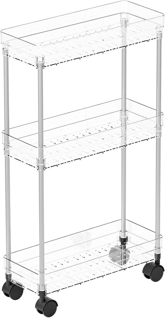 Yieach Clear 3 Tier Slim Rolling Storage Cart with Wheels,6.3W Thin Shelf,Bathroom Storage Cabinet,Skinny Laundry Cart,Narrow Laundry Room Cart Between Washer and Dryer,Skinny Shelves for Small Space (5.1 Inch W)
