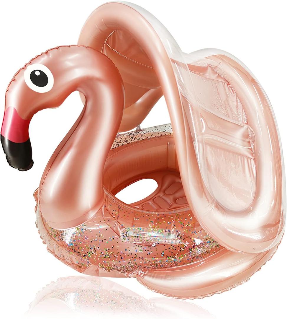 Flamingo Baby Swimming Ring with UPF 50+ Canopy, Glitters, Back Holder & Wings Airbag Never Flip Over, Inflatable Baby Pool Float Sunshade for 8-36 Months Infant Toddler Water Toys Summer Luau Party