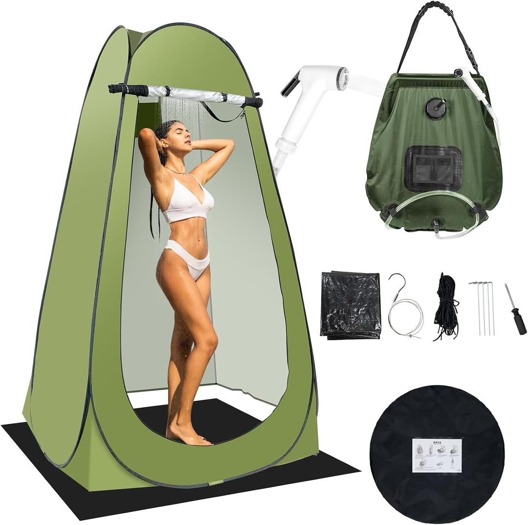 Portable Camping Privacy Tent, Outdoor Shower Tent Kit with 5 Gallon Shower Bag-(Nozzle Upgraded), Large