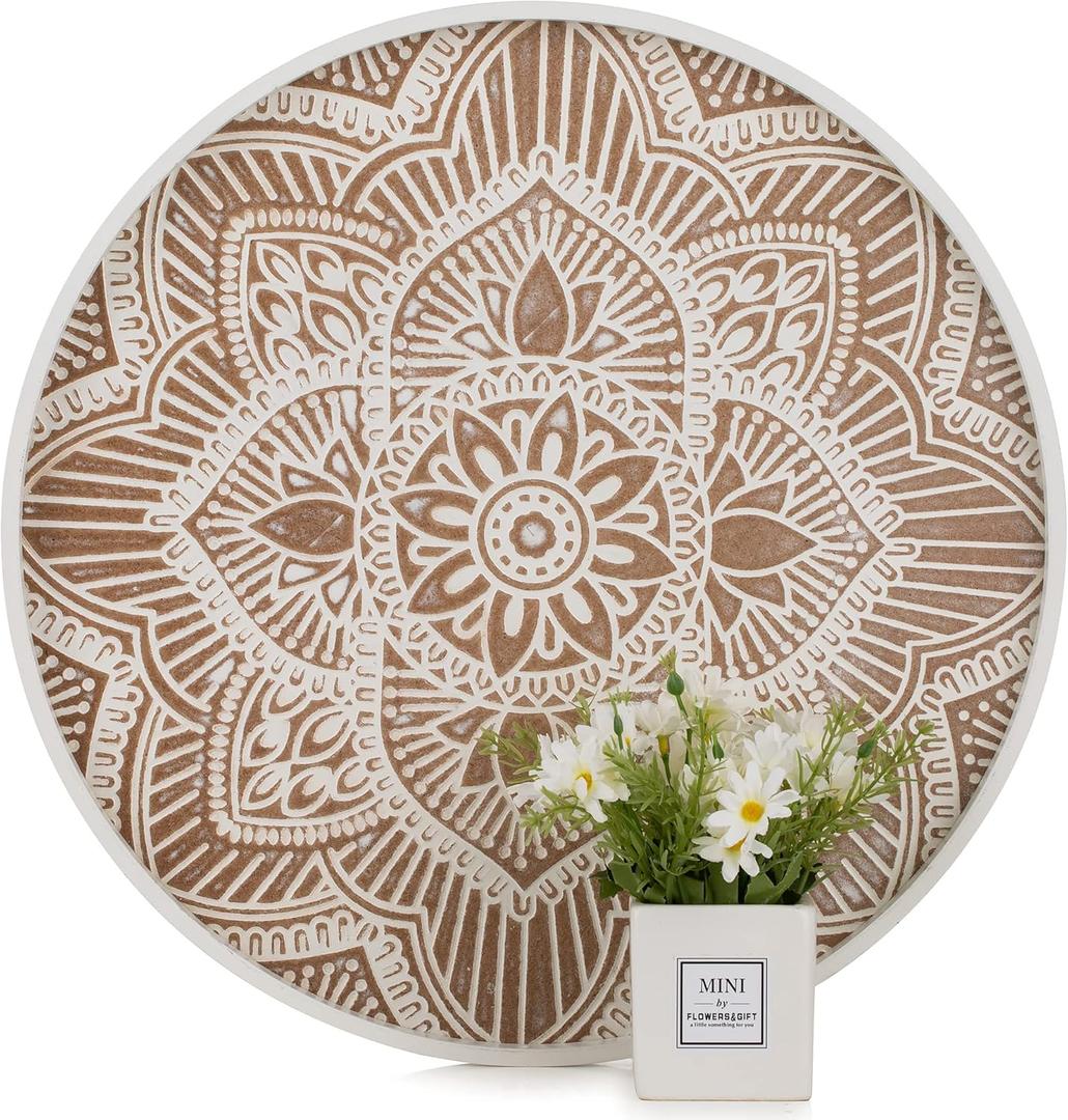 Hanobe Large Round Wood Decorative Tray: Rustic Farmhouse Coffee Table Centerpiece, White Washed Wooden Serving Tray for Kitchen Counter, Boho Ottoman, Home Decor (17.7", Whitewash)