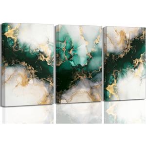 3 Piecs Emerald Green and Gold Canvas Wall Art Modern Abstract Glam Fluid Marble Painting Pictures Living room Wall Decor Posters Prints for Bedroom Bathroom Office Home Decoration