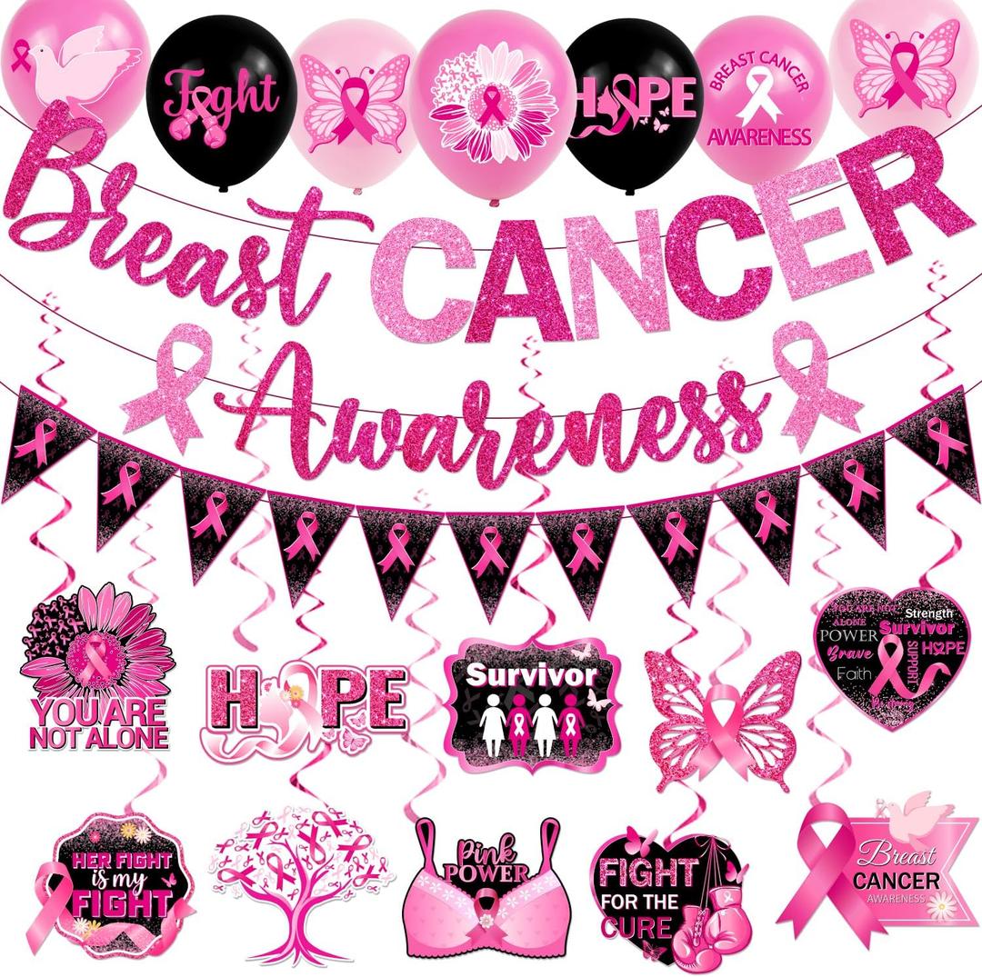 Breast Cancer Party Decorations,Pink Ribbon Hanging Swirls Breast Cancer Awareness Decorations Ceiling Hanging for Breast Cancer Awareness Month Decorations