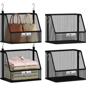 STORAGE MANIAC 2 Tier Hanging Closet Organizer with Mesh Baskets, Clothes Hanging Shelves, Foldable Stackable Storage, Space-Saving Collapsible Basket with Hooks for RV, Dorm, Bedroom, College, Black