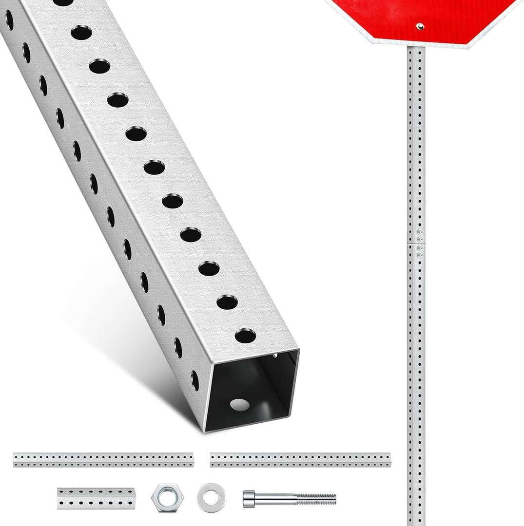 8 ft H x 1-3/4 in W Square Sign Post with 7/16" Dia Mounting Holes Galvanized Steel Metal Poles Outside Rust Resistant Industrial Perforated Tube for Street, Parking, Construction (Silver)