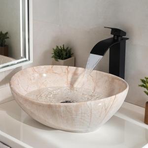Oval Marbling Vessel Sink with Waterfall Faucet and Pop-up Drain Ceramic Bathroom Sink Above Counter Bowl Sinks for Bathrooms, 15.7" x 15.7" x 5.5"