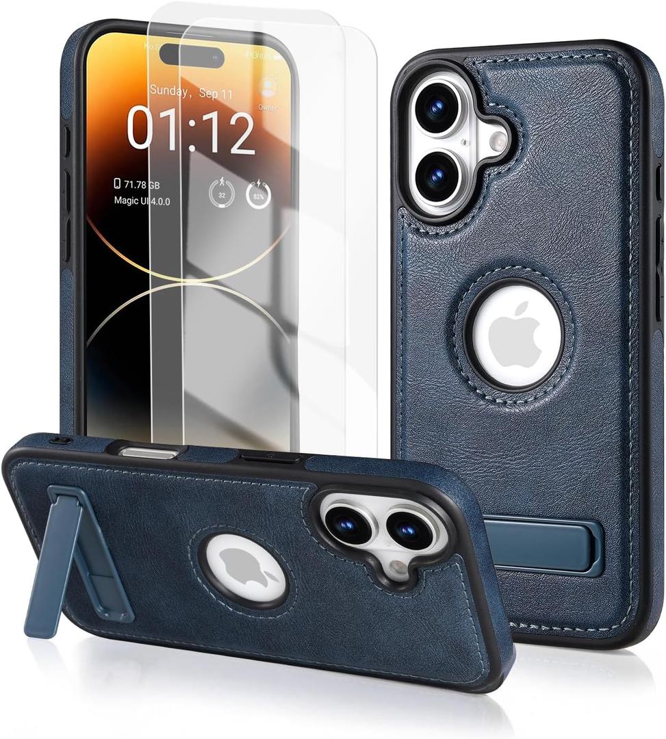 Korecase for iPhone 16 Plus Leather Case 16 Plus Protective Cover,Built-in Invisible Stand [with Screen Protector(2 Packs)] Slim Shockproof Phone Case for Apple iPhone 16Plus 6.7" Blue