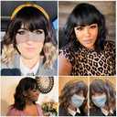 Ucubb Black Mixed Brown Wig for Black Women 14 Inch Short Wavy Hair Wigs Curly Bob Wig with Bangs Wigs Shoulder Length Wigs for Black Women Bob Style Synthetic Heat Resistant