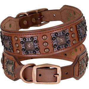 PET ARTIST Sturdy Genuine Leather Dog Collar,Heavy Duty Soft Leather Dog Collar for Medium & Large Dogs,Hand Made,Brown,Medium Size (M:Neck 16"-19"(40-47CM),Width 2")
