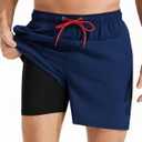 Mens Swim Trunks with Compression Liner Quick Dry Beach Shorts with Zipper Pockets Navy-D1-L (Blue, L)