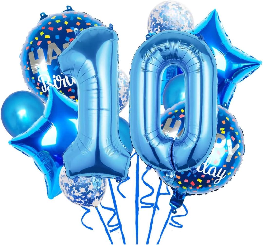 Balloons, 12 pcs Foil Balloons 10 Year Old for 10st Birthday Party Supplies Decoration Confetti Balloon Party Balloons Birthday Party Supplies 10 Years Old Birthday Balloon (10th, Blue)