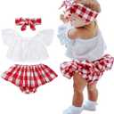 LXXIASHI 3PCS Baby Girl Summer Outfits Cold Shoulder Lace Crops Top + Plaid Skirts Bloomer Shorts + Headband Sets (6-12 Months, White Red)