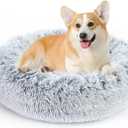 NOYAL Calming Donut Dog Bed for Small to Medium Dogs & Cats - Plush Faux Fur Anti-Anxiety Pet Bed with Machine Washable Cover & Non-Slip Base (Small 19.6'', Gradient Grey)