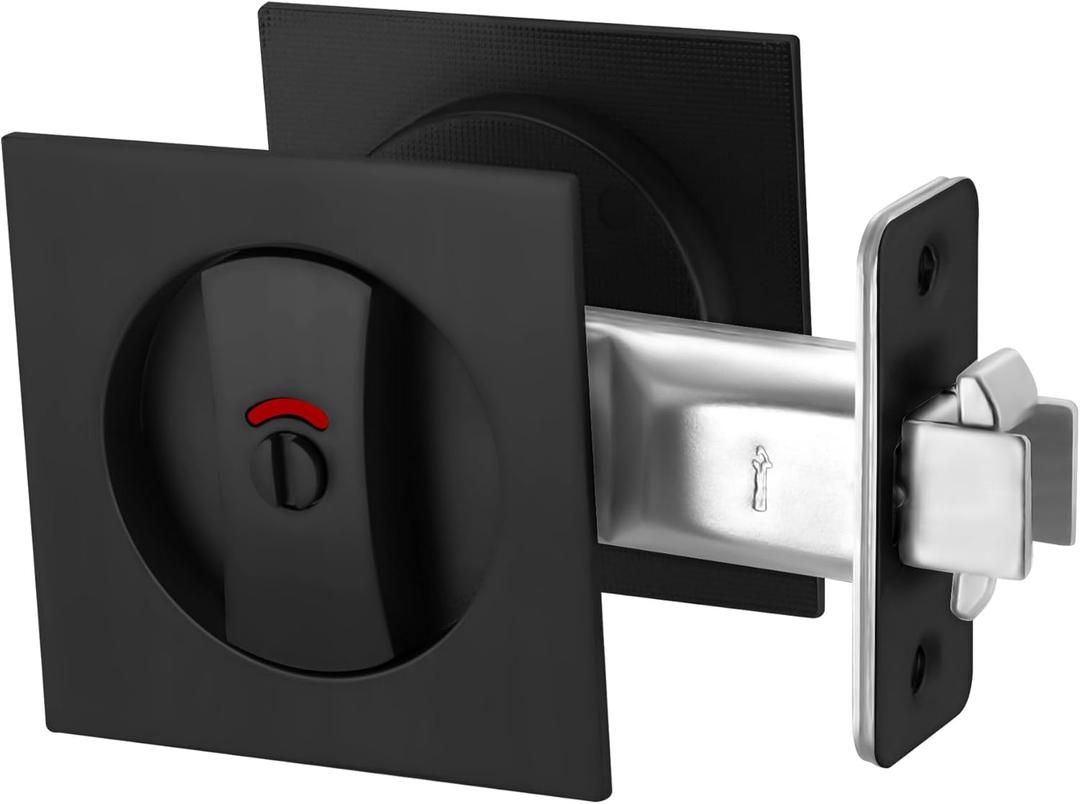 Pocket Door Lock, Matte Black Pocket Door Hardware Square Door Lock with Red-Green Indicators for Privacy Sliding Door Bifold Door Locks and Pulls Handles (Privacy (Indicator) -Square)