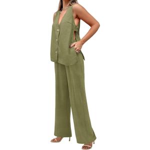 Tankaneo Womens 2 Piece Linen Sets Summer Outfits Sleeveless V Neck Botton Down Tank Tops and Pants Matching Set (Green)