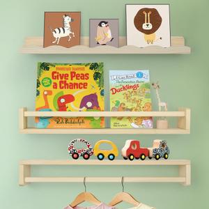 Floating Book Shelves for Wall, 23.6" Natural Wood Nursery Shelves for Book Storage, Solid Pine Wooden Floating Bookshelf for Bedroom Living Room, Set of 2+1, Unfurnished - DIY
