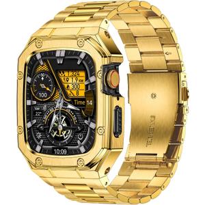 BAITEYOU Stainless Steel Watch Band with Case Compatible with Apple Watch Series 9 8 7 (45mm), Rugged Strap with Metal Protective Bumper Cover for iWatch Bands Men (Gold)
