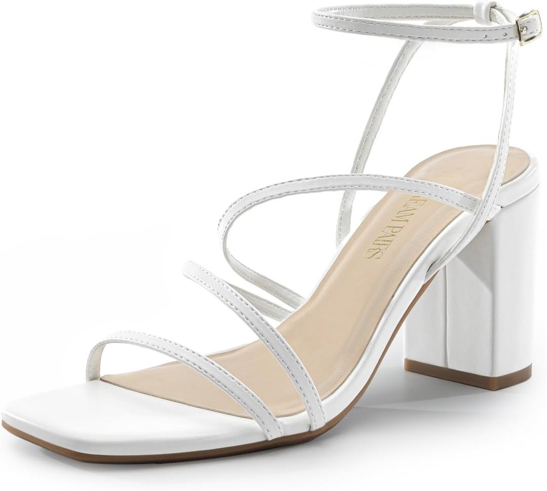 DREAM PAIRS Women's Heels Chunky Block Strappy Square Open Toe Ankle Buckle Heeled Sandals Wedding Party Dress Shoes Indie (8.5, White)