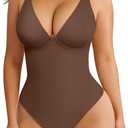 FeelinGirl Shapewear Bodysuits for Women Tummy Control Body Suits Deep V Neck Thong Body Shaper (Brown, XS)