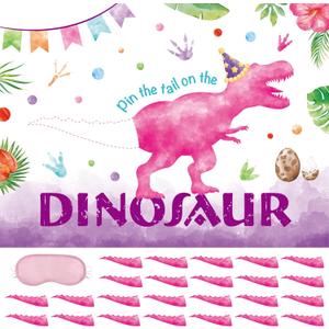 WERNNSAI Pin The Tail on The Dinosaur Game  Girl Dinosaur Party Decorations, 28" x 21" Dino Birthday Games for Kids, Includes Poster, Blindfold, 24 Pink Tails, 20 Dot Stickers
