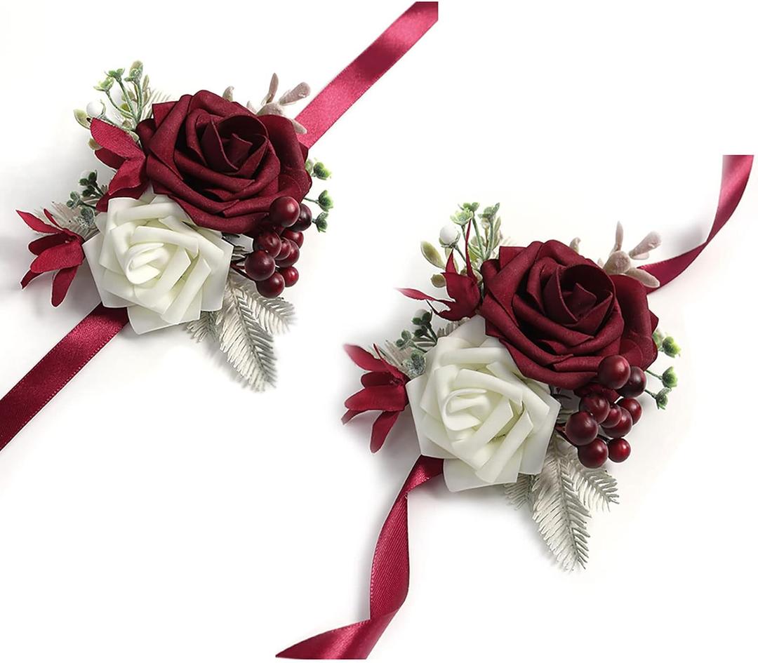 Bridal Wrist Corsage Artificial Burgundy Ivory Flower Bride Hand Flower Wedding Bridesmaid Wristband Parent Flower for Wedding Quinceanera Birthday Father Daughter Dance Prom Party Homecoming