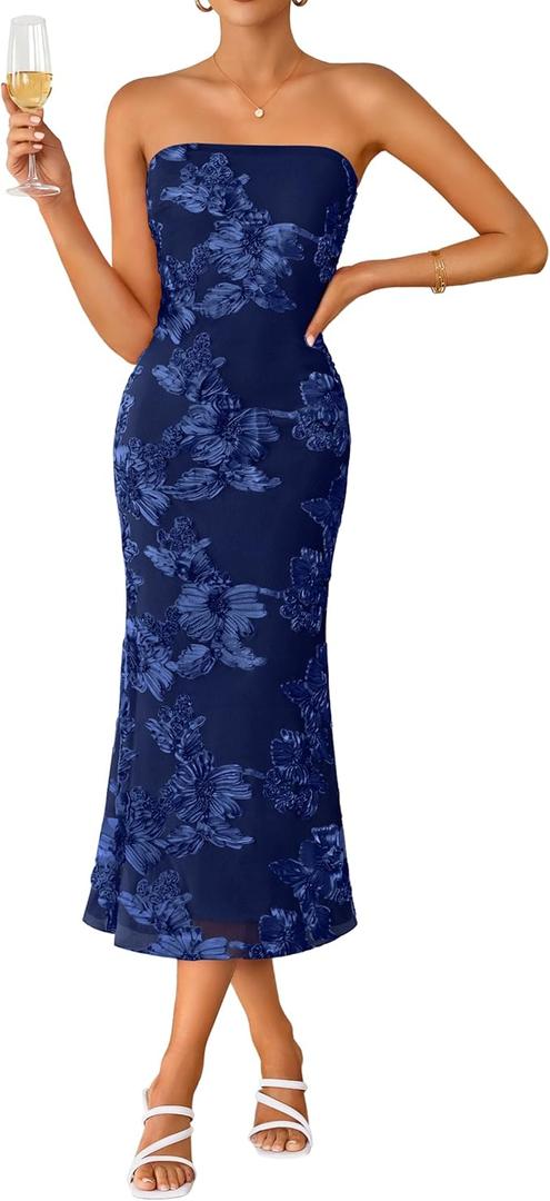 ZESICA Cocktail Wedding Guest Dresses for Women 2026 Summer Strapless Floral Bodycon Mesh Tube Formal Party Midi Dress (Blue, S)