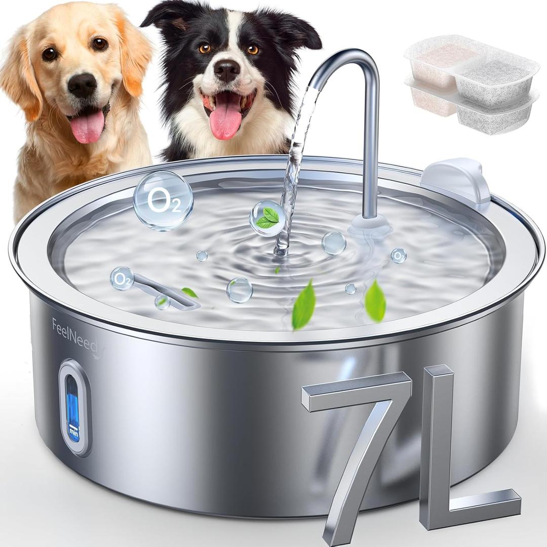7L/1.8Gal Stainless Steel Dog Water Fountain, for Large Dogs, Cats, Multi-Pets, Ultra Quiet with 5-Layers Filtration, Pet Dog Water Bowl Dispenser, 236 fl oz with 2 Filters (FN-W14)