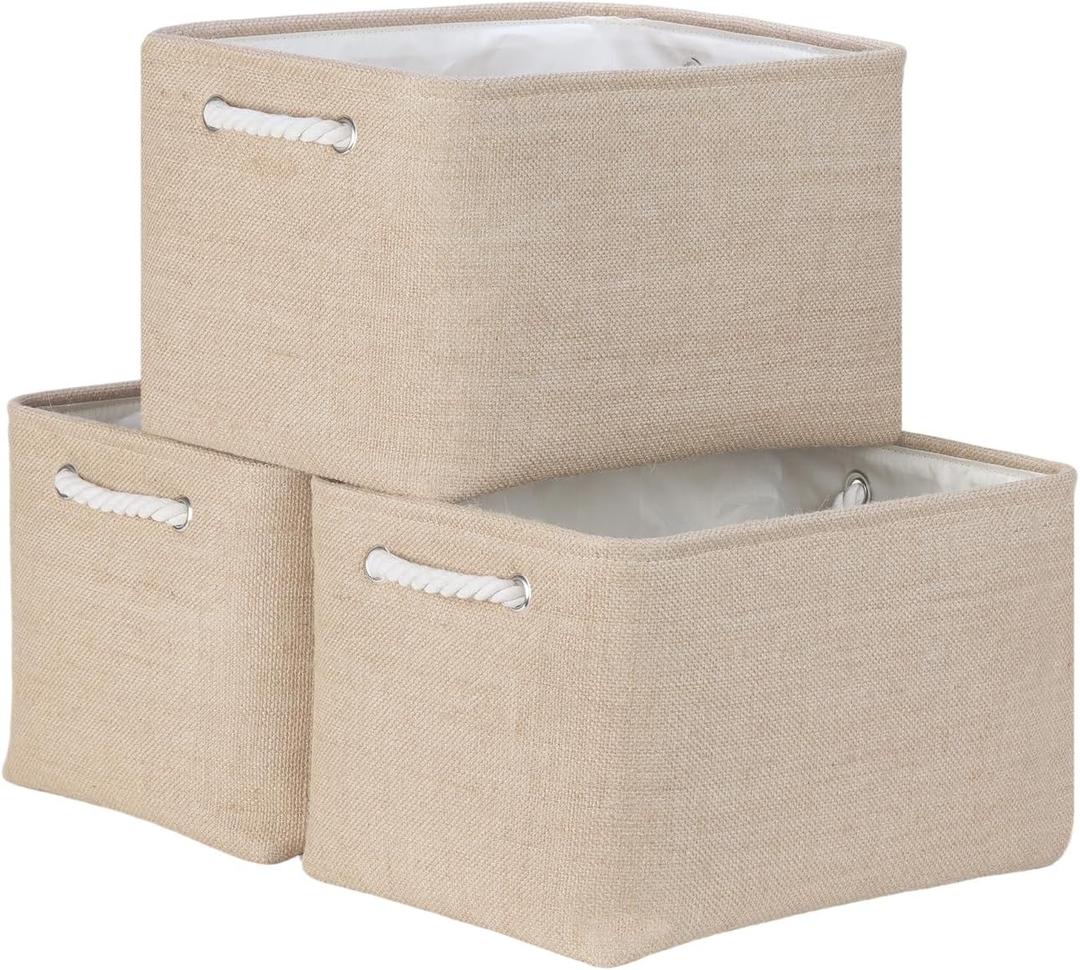 Bidtakay Large Storage Baskets for Shelves 3 Pack Fabric Storage Bins for Organizing Linen Collapsible Organizer for Closet-Flaxen (3 Pack-M-15x11x9.5 In)