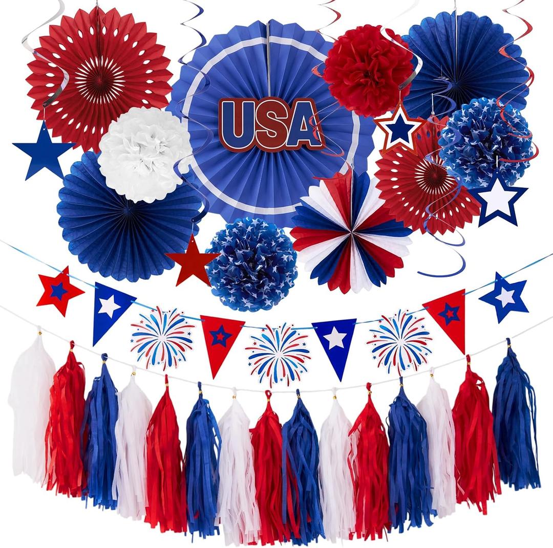 4th of July Patriotic Decorations 250th Anniversary Red White Blue Paper Fans Pompom Star Tassel Garland Independence Day Hanging Swirls for Fourth of July Memorial Party Supplies Decor