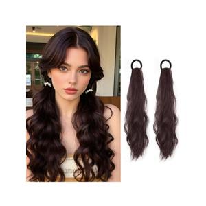 2PCS Curly Ponytail Extension with Elastic Tie 17 Inch Resistant Synthetic Natural Wavy Hairpiece Pony Tail Hair Extensions Wave Fake Ponytail Hairpieces for Women Daily Wear (Brown)
