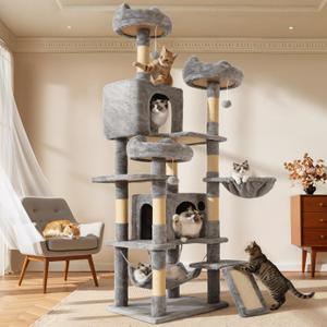YITAHOME 75-Inch Tall Cat Tree Indoor: Multi-Level Kitten Tower with Kitty Condos, Top Perches, Sisal Ramp, Scratching Posts & Cozy Basket Hammocks Pet Play House Light Gray