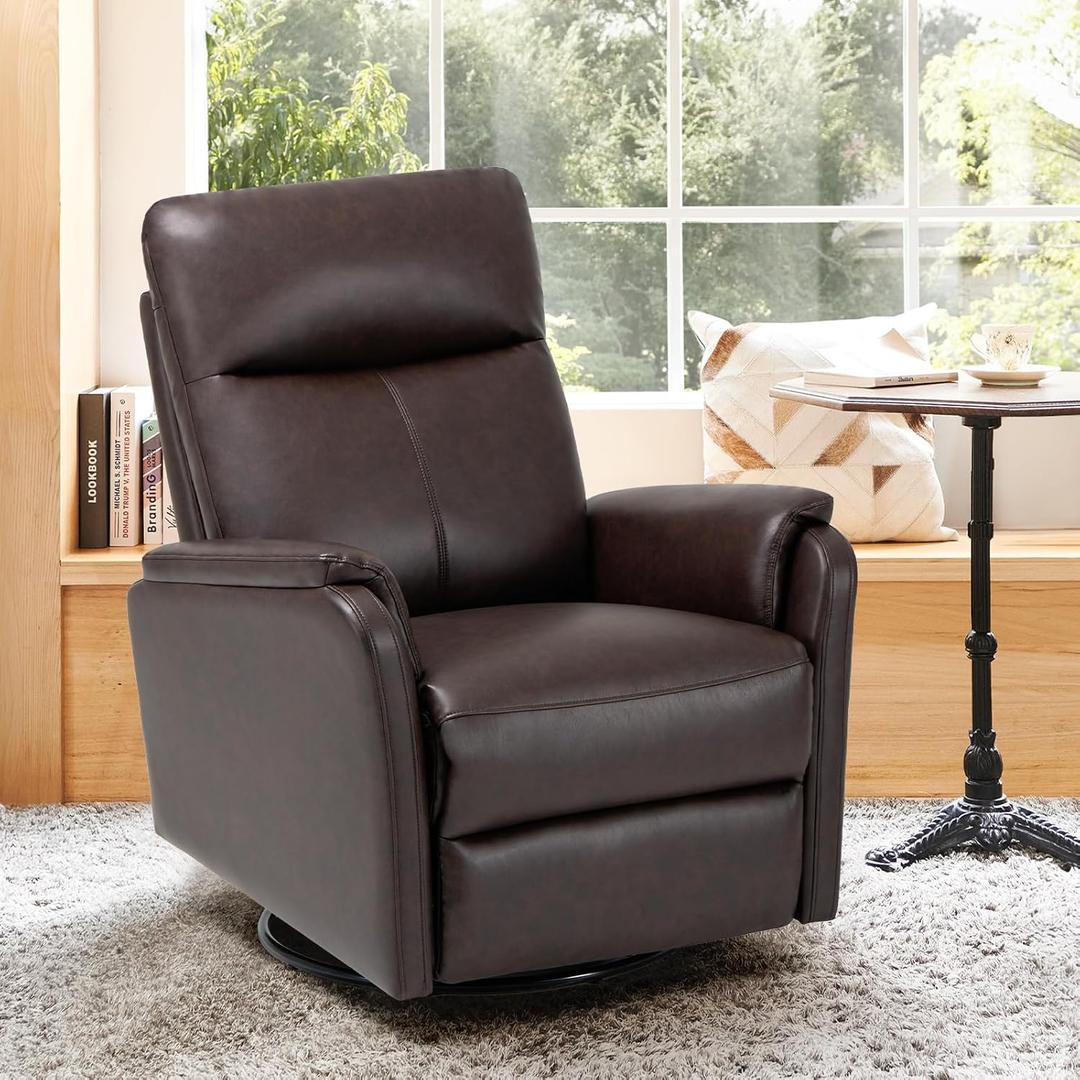 COLAMY Leather Recliner Chair with Swivel & Rocking Function, Modern Glider Reclining Chair with Footrest and Wide Seat Cushion, Comfortable Rocker Chair for Living Room, Nursery, Bedroom, Chocolate (Set of 1)