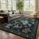 junovo 5X8 Jungle Animal Print Area Rug for Living Room, Washable Non-Slip Bedroom Rugs, Soft Low Pile Peacock Floral Carpet for Dining Room Playroom Nursery (Black)