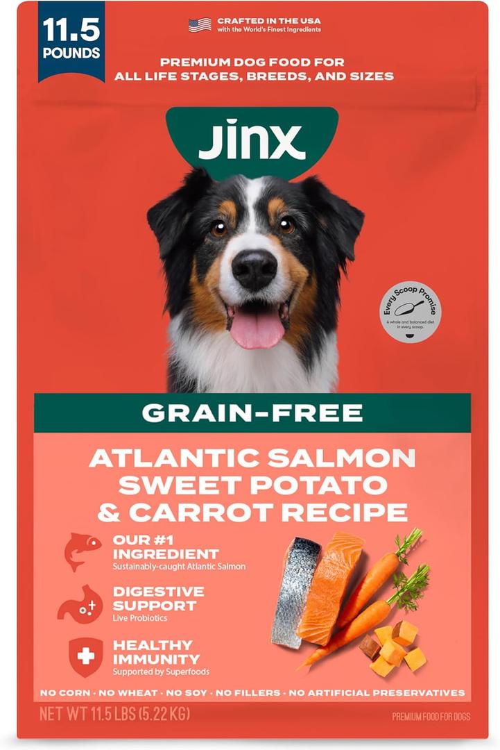 Jinx Premium Grain-Free Dry Dog Food, for All Lifestages - Real Salmon, Sweet Potato & Carrot Kibble with Superfoods for Immune Support & Probiotics for Digestive Support - No Fillers - 11.5lb, BBD 10/01/2027