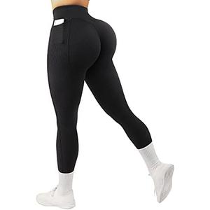 SUUKSESS Women Ribbed Seamless Leggings High Waisted Workout Gym Yoga Pants, Large 