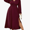 Womens Plus Size Wedding Guest Cocktail Maxi Dress Long Sleeve Elastic Waist V-Neck A-Line Side Slit Flowy Dresses, 2XL