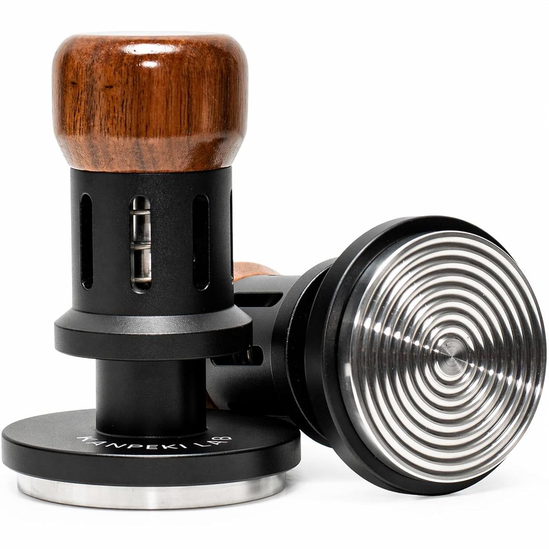 58mm Espresso Tamper Spring Loaded Self Leveling Coffee Tamper with Audible Click, Stainless Steel Ripple Base & Ergonomic Walnut Handle - Fits Standard 58mm Portafilter Basket