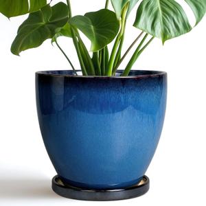 8 Inch Planter - Ceramic Plant Pot with Drainage Hole and Tray Round Planter Modern Flower Pot for Room Home Office Patio Porch Garden Decor Blue (Reactive Glaze Blue)