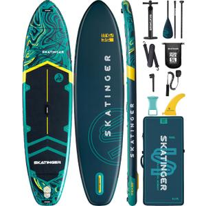 Skatinger 11'635" Super Wide Inflatable Paddle Board, Ultra Stable Stand Up Paddleboards for 450lb/3 People/Family/Big Size w/Shoulder Strap, 100L Backpack, All-Round Sup Board, US Fin