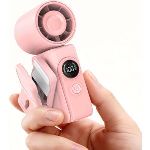 Portable Clip-On Mini Fan, Hands-Free, Turbo Personal Handheld Fans Rechargeable w/ 4 Wind & LED Display, Pocket Size Summer Cooling Essentials for Travel/Eye Lash/Beach/Concert, Gifts for Women(Pink)