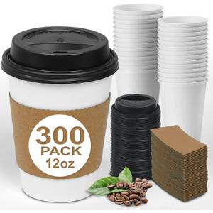 Ginkgo 300 Pack 12 oz Disposable Coffee Cups with Lids and Sleeves