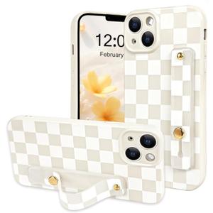NITITOP Compatible with iPhone 13 Case with Wrist Strap Kickstand Cute Trendy Checkerboard Plaid for Women Girls Slim Fit TPU Silicone Shockproof Full Camera Protective Cover - White