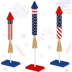 3 Pcs 4th of July Wood Firecracker Decorations Sign Memorial Day Wooden Firework Table Decor Rustic Rocket 4th of July Decorations Patriotic Tiered Tray Decor for 250th Anniversary