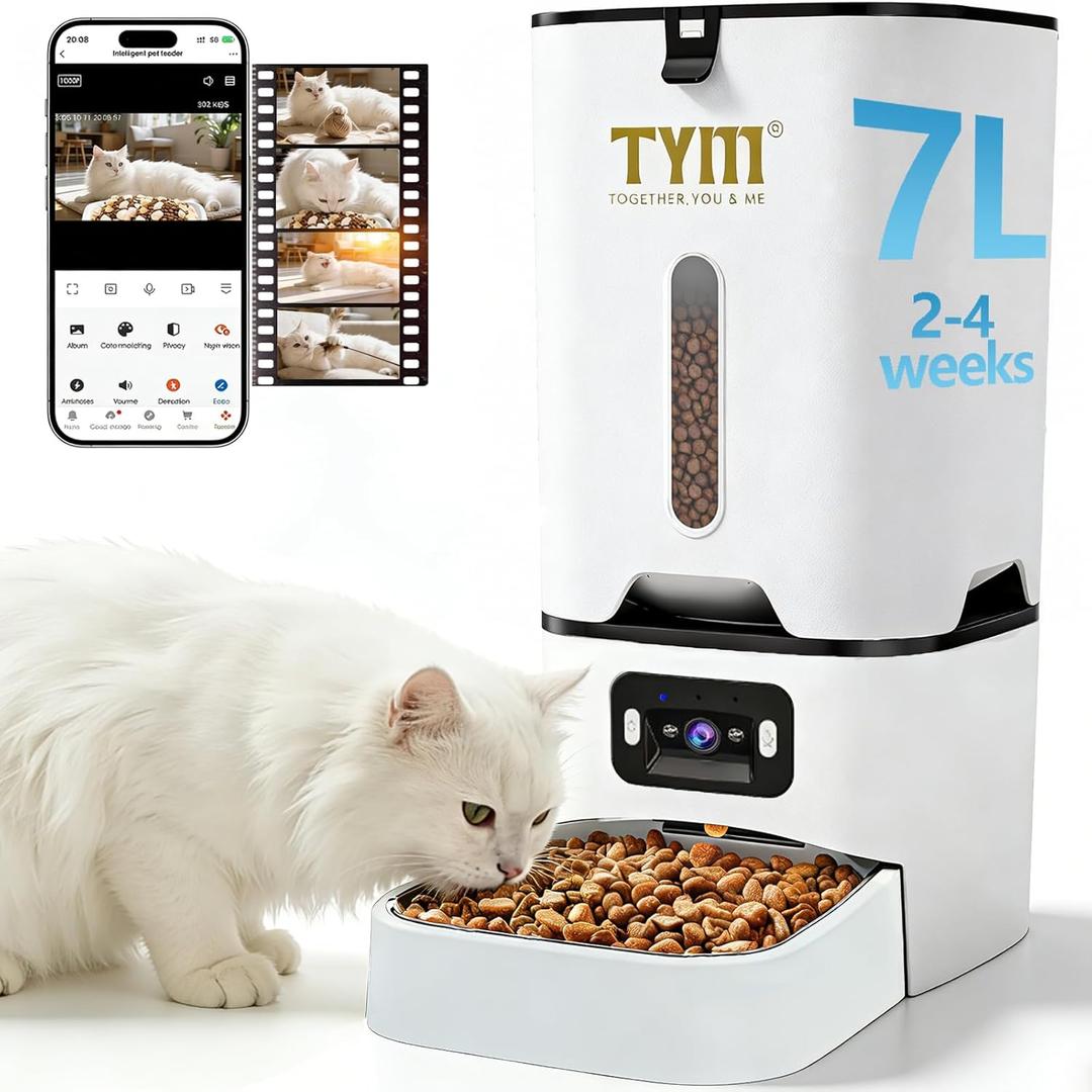 TYM Automatic Cat Feeder with Camera, 5G WiFi Auto Cat Dog Food Dispenser with APP Remote Control, 7L Large Food Storage for Multiple Pets, Scheduled Feeding, Stainless Steel Bowl, Easy Clean, White