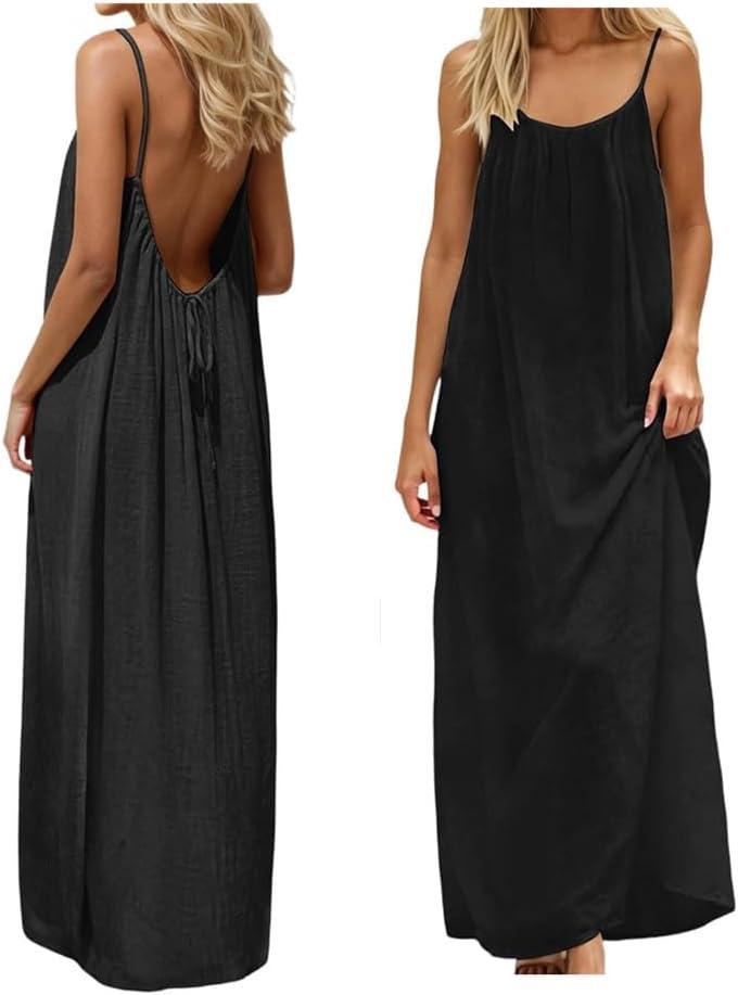 Backless Cami Dress Backless Dress House Dress for Women Sleeveless Long Cami Lounge Dress Backless for Indoor Summer Wear (Black, Medium)