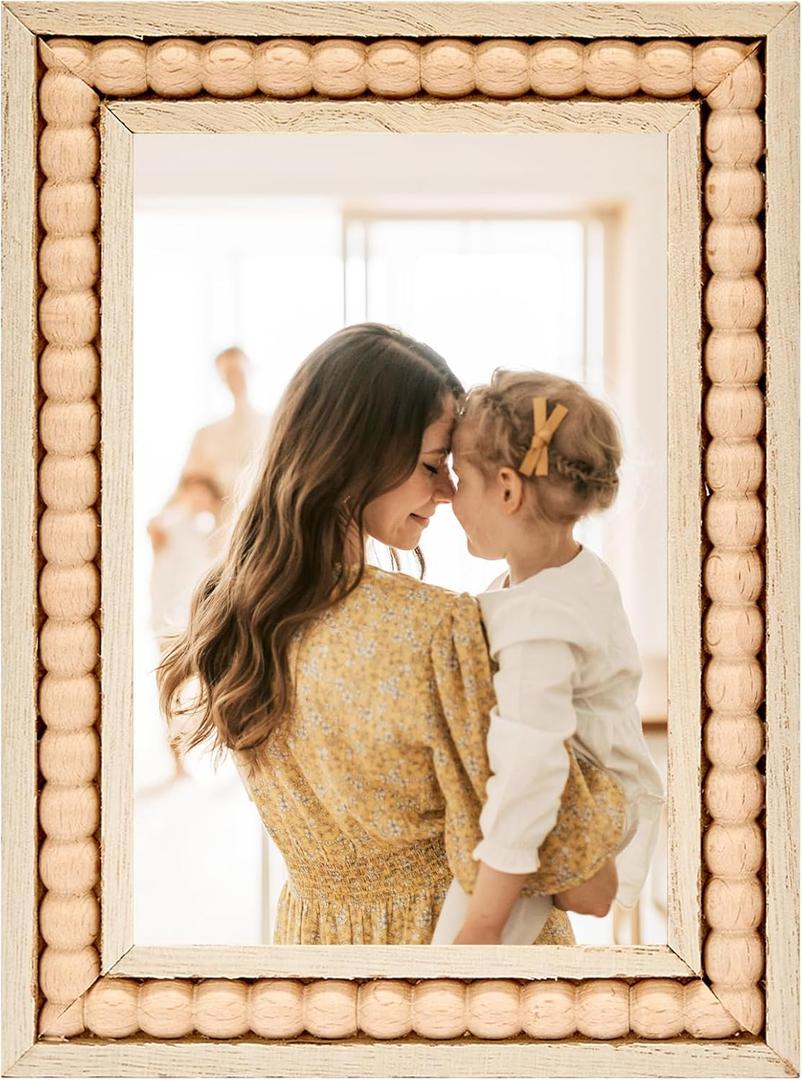 OMISHE Wood 4x6 Picture Frame with Decorative Beads for Wall Hanging or Tabletop, Boho Rustic Handcrafted 4 x 6 Frame with Shatter Resitant Plexiglass, Natural