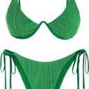 ZAFUL Women's Bikini Sets Ribbed Two Piece Swimsuits Underwire Adjustable Back Clasp Bathing Suit Side Tie Thong Swimwear (Deep Green, Small)