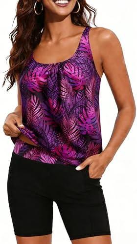 Talisea Womens Tankini with Shorts - Two Piece Swimsuit with 2 Pockets 7" Long Boy-Leg Shorts Blouson Athletic Bathing Suit, L