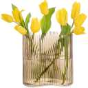 MOLIMAO Glass Vase for Centerpieces,Modern Large Vase for Flowers,Footprint Shape Striped Bottle for Home,Office Restaurant Desk Decor 8.3 Inch(Brown)